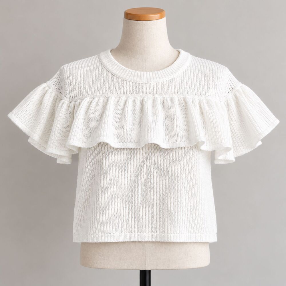 John + Jenn Sweater Womens XL White Ruffle Knit Flutter Sleeve Romantic Knit Top